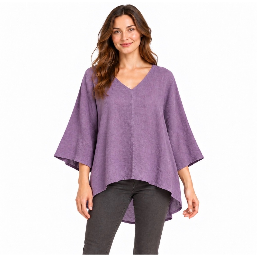 Bryn Walker Purple Linen V-Neck Bell Sleeve Tunic Top Made in USA L-XL